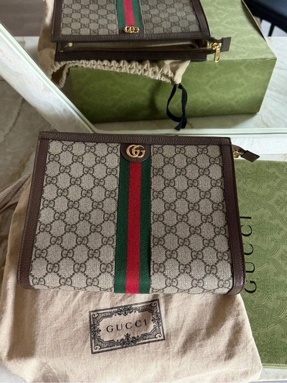 Gucci Brown GG Supreme Canvas Toiletry Bag with Green-Red Web